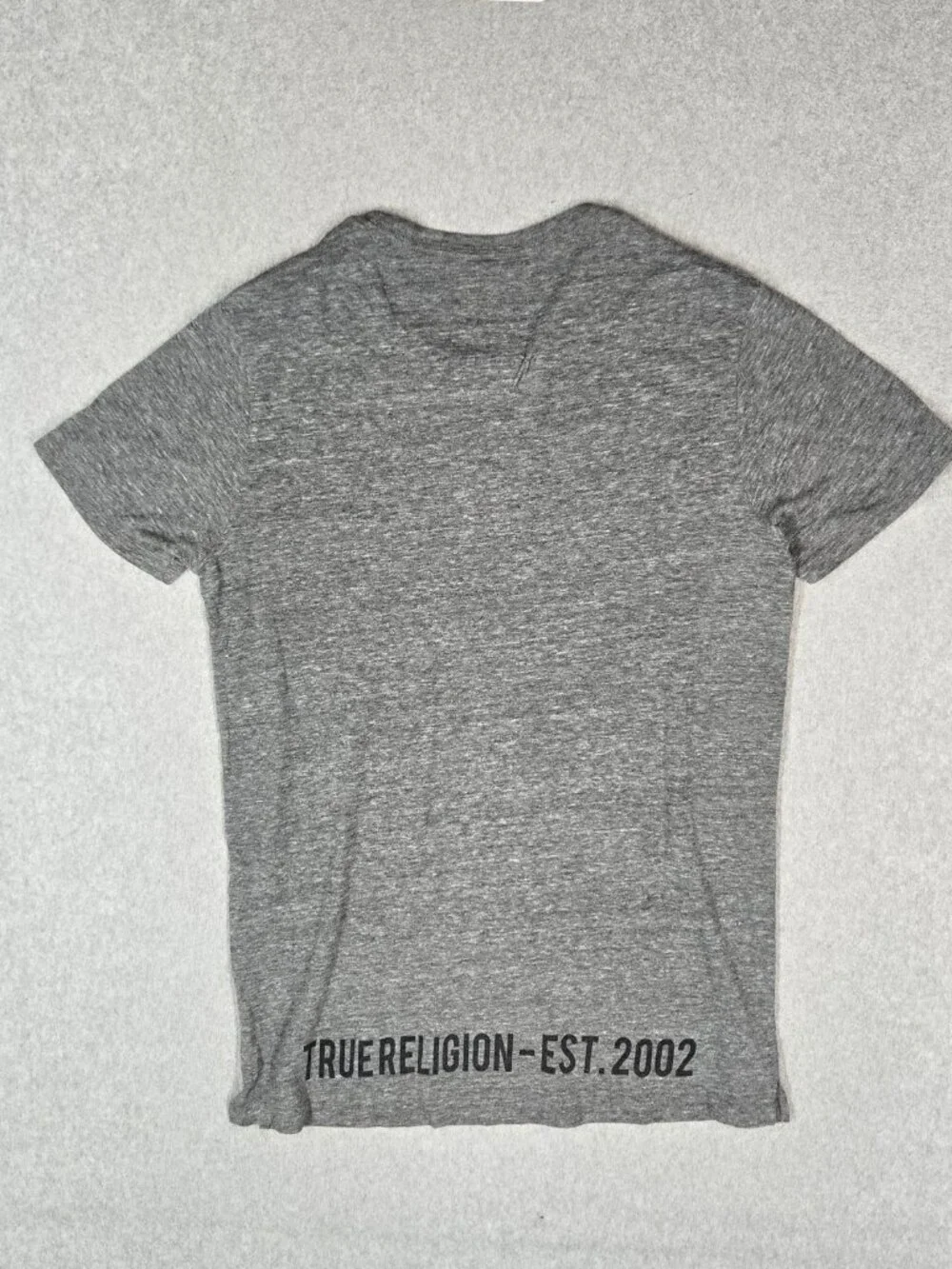 True Religion Men Shirt S Gray Horseshoe Spellout Logo Graphic Print Crew Neck